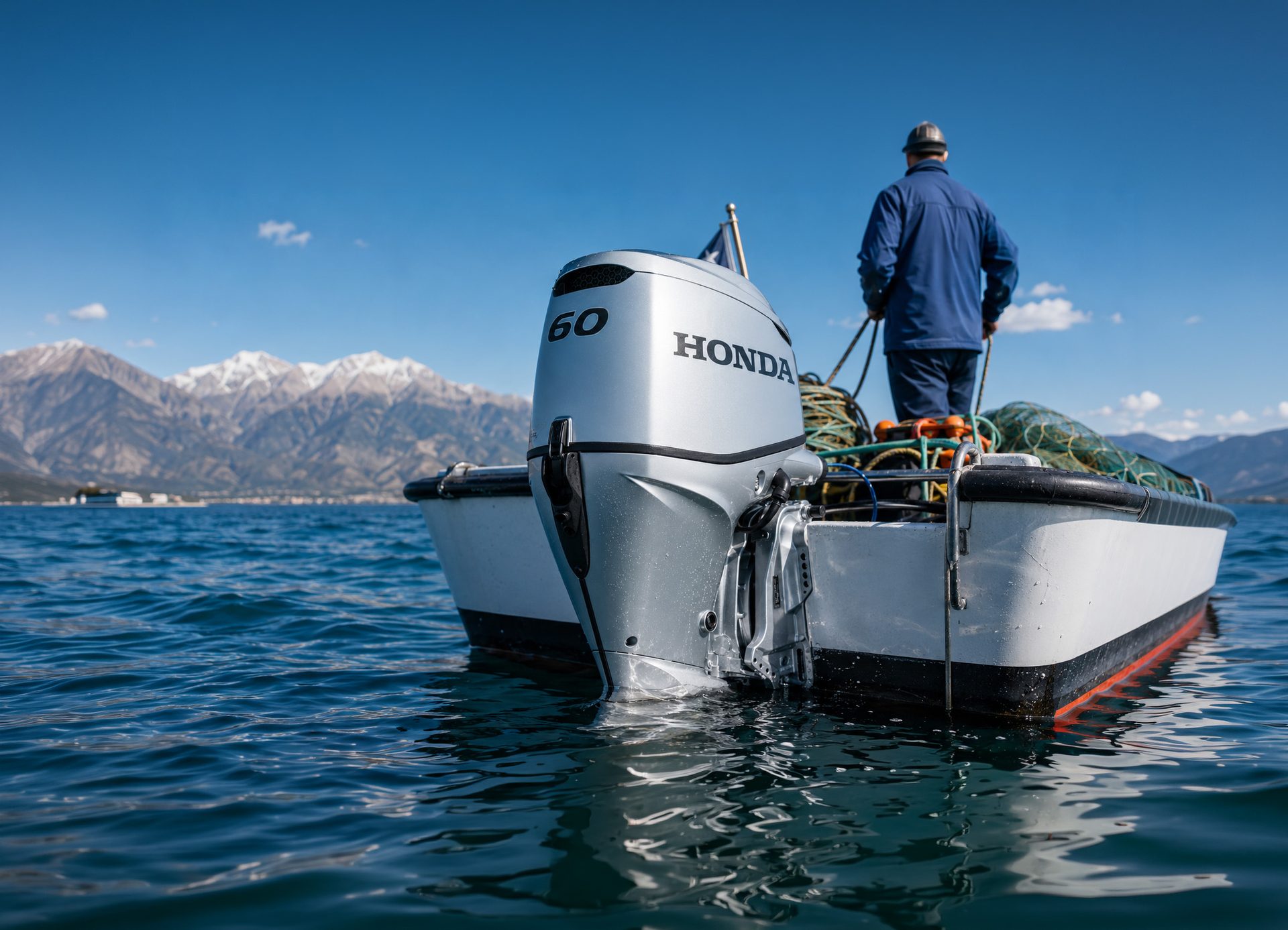 Pescador a bordo de un bote de trabajo con redes, visto desde atrás, con un motor fuera de borda Honda de 60 HP en la popa y montañas nevadas al fondo.