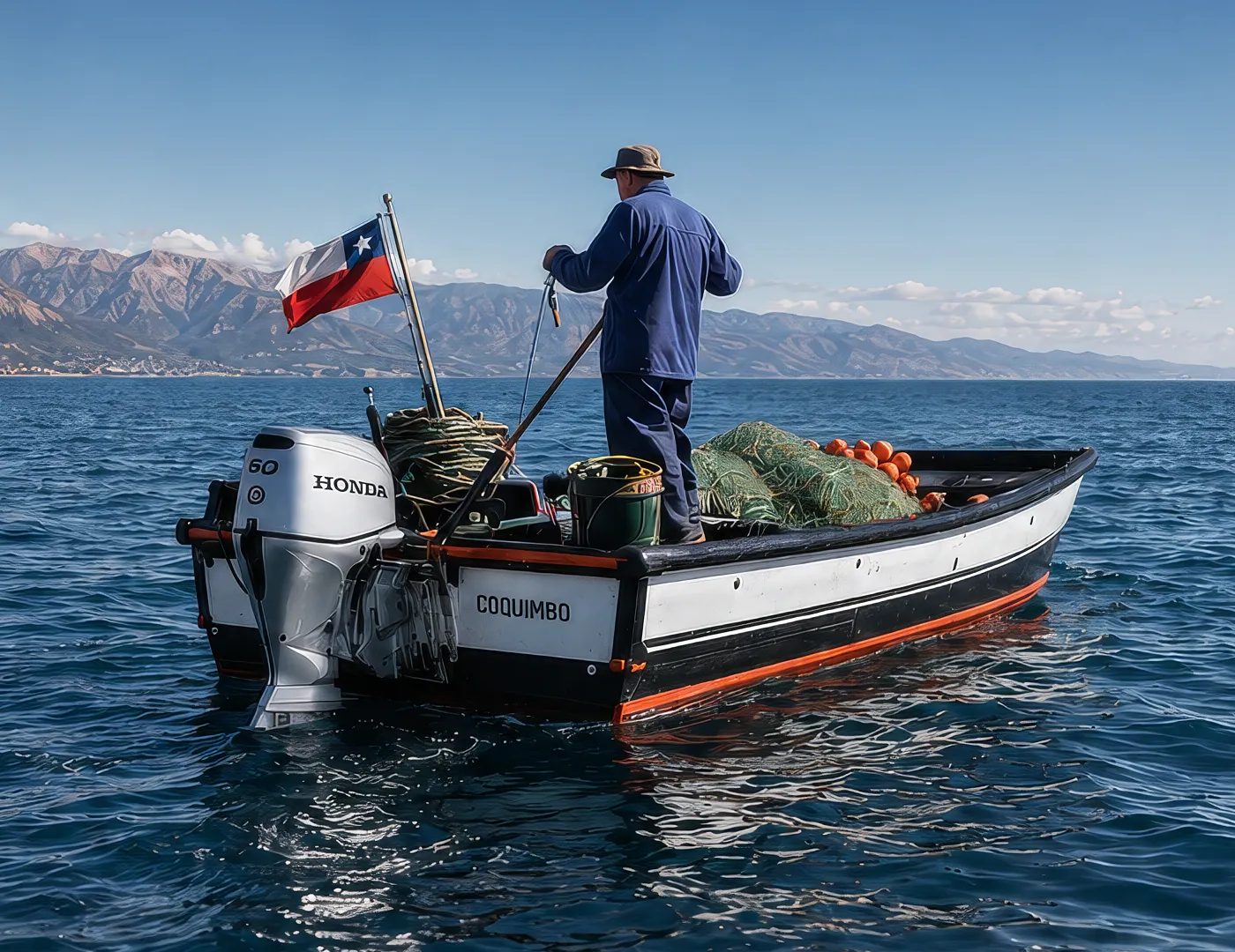 Pescador artesanal de pie en su bote, con redes y boyas a bordo y un motor fuera de borda Honda 60 en la popa, junto a la bandera chilena.