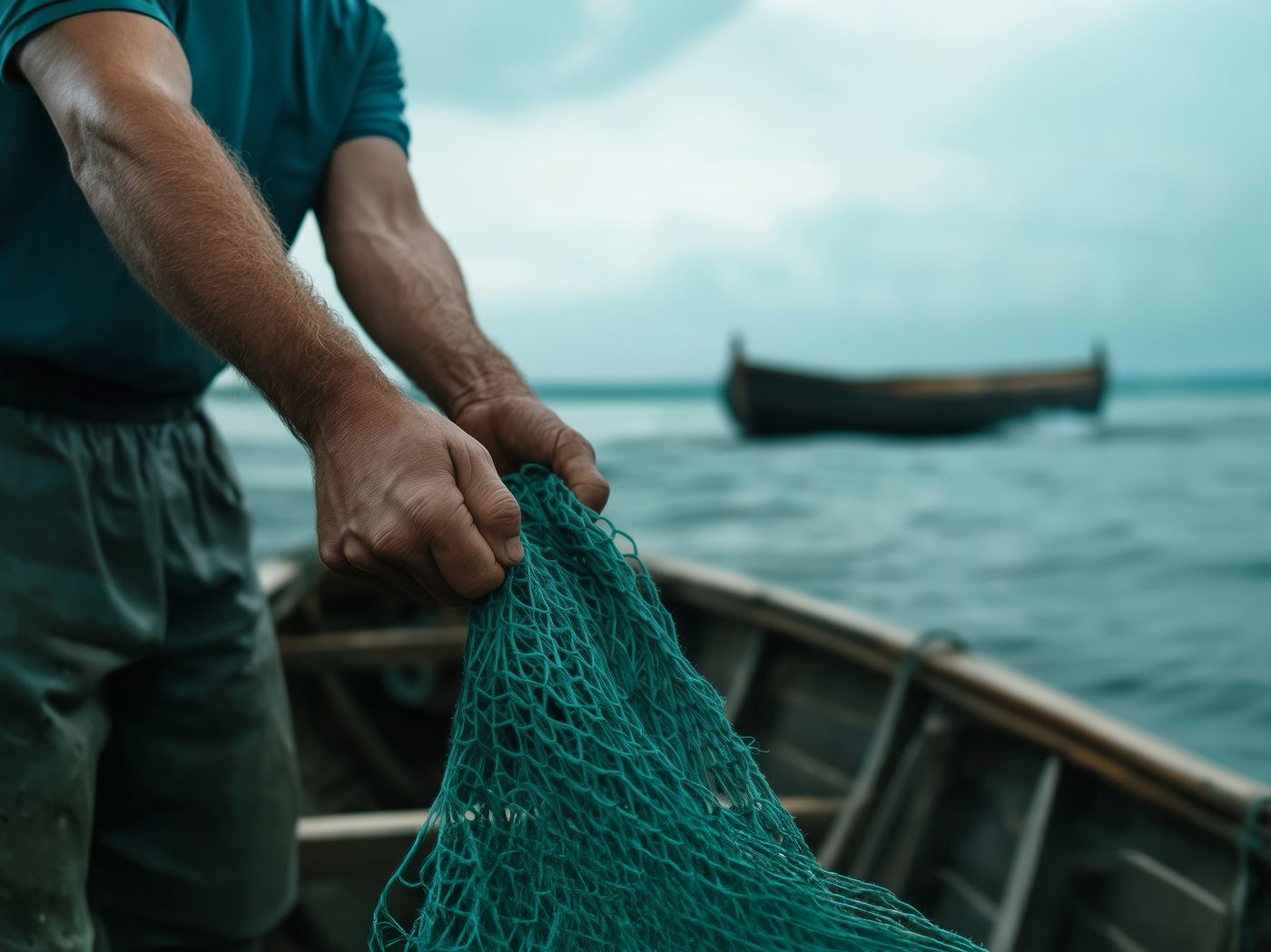 Primer plano de las manos de un pescador sosteniendo una red verde a bordo de una embarcación de madera.